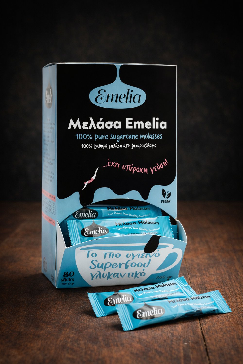 melasa-emelia-sticks Μελάσα Emelia σε στικς 10g – κουτί 80 τεμαχίων, φυσικό vegan γλυκαντικό