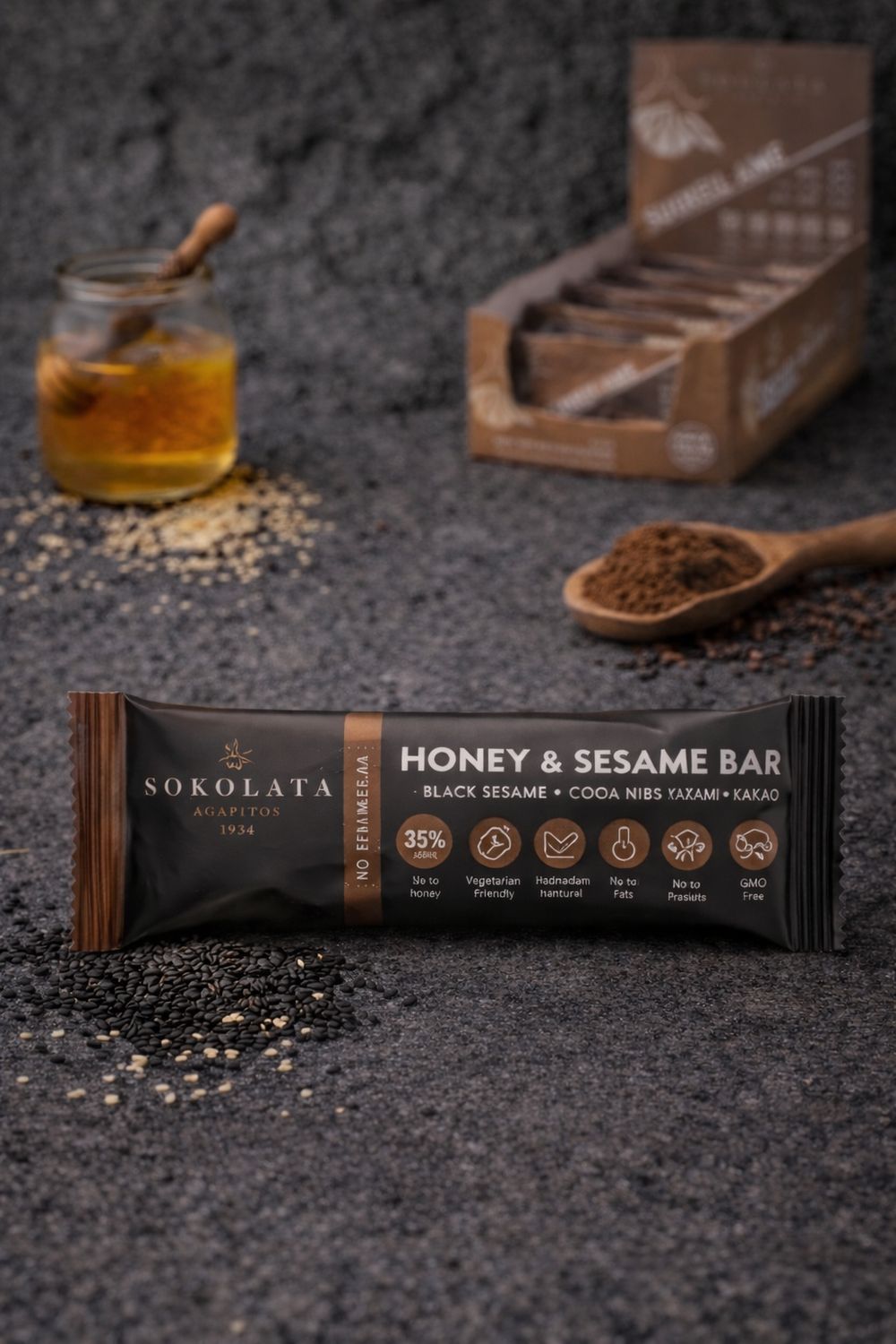 Honey & sesame bar AGAPITOS (μαύρο σουσάμι - νιφάδες κακάο) 50gr.