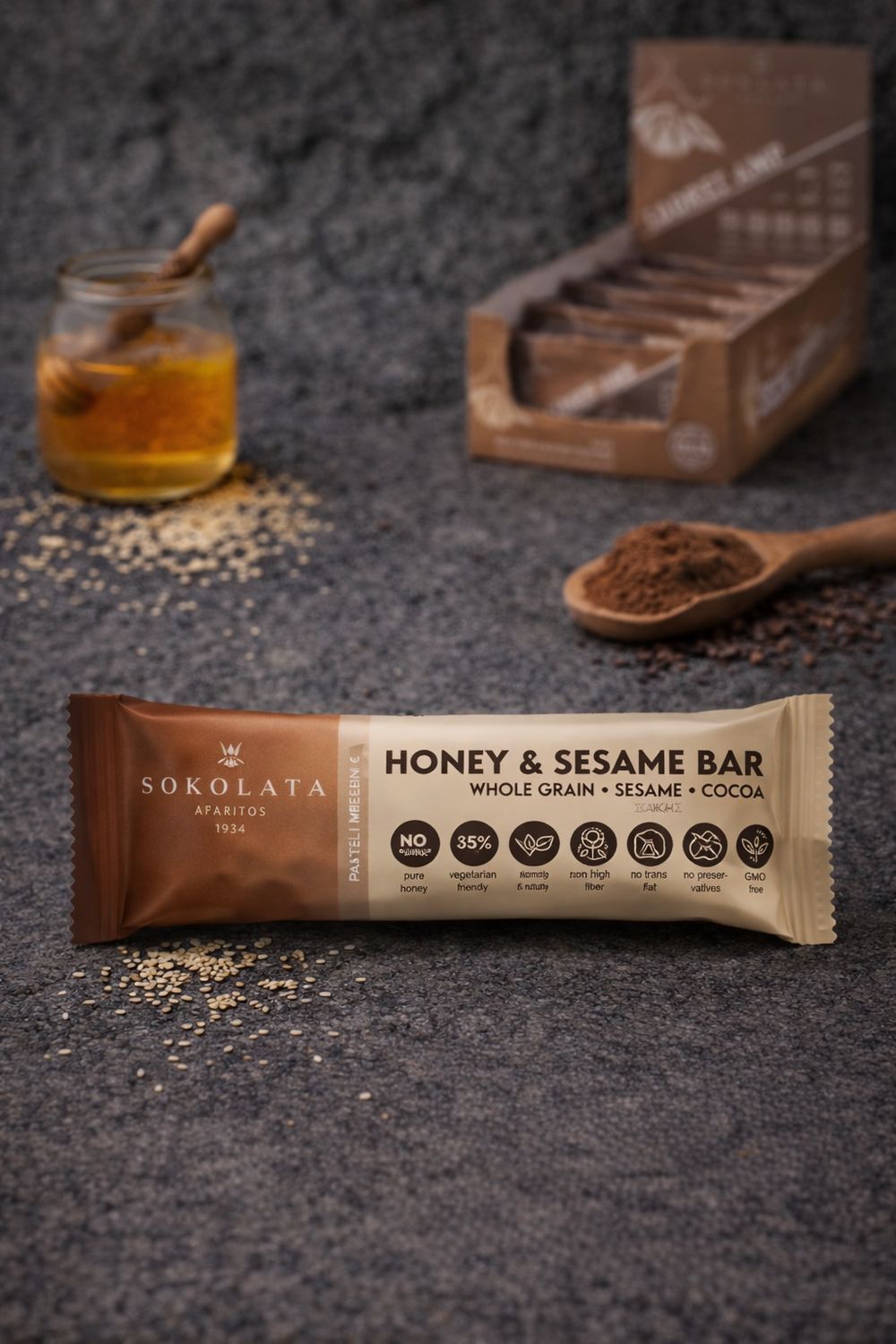 Honey & sesame bar AGAPITOS (σουσάμι ολικής - κακάο - μέλι) 50gr